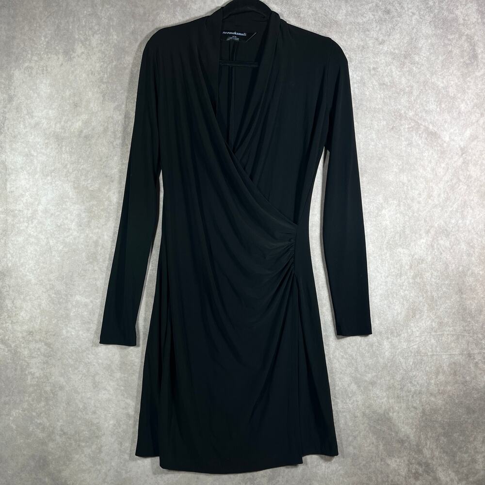Norma Kamali Dress Womens Medium Black Faux Wrap Long Sleeves Stretch Career